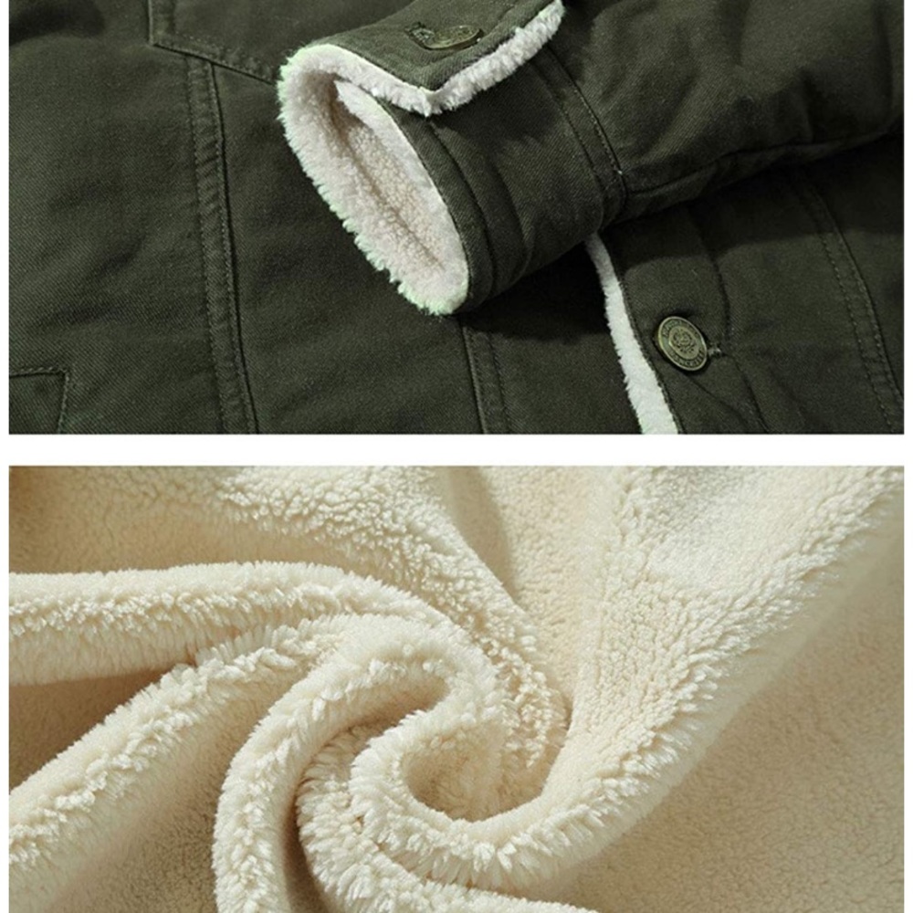 Army Green Button Up Sherpa Fleece Lined Denim - Picture 5 of 7